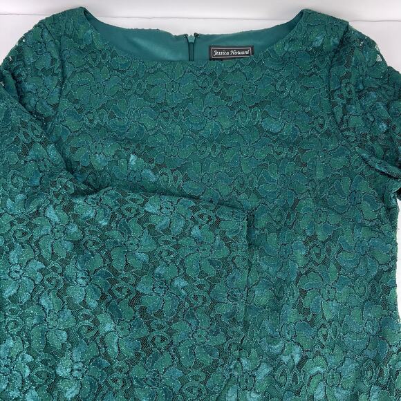 NEW Jessica Howard Dramatic Bell-Sleeve Glitter Hunter Green Lace Dress 16 - Picture 8 of 16